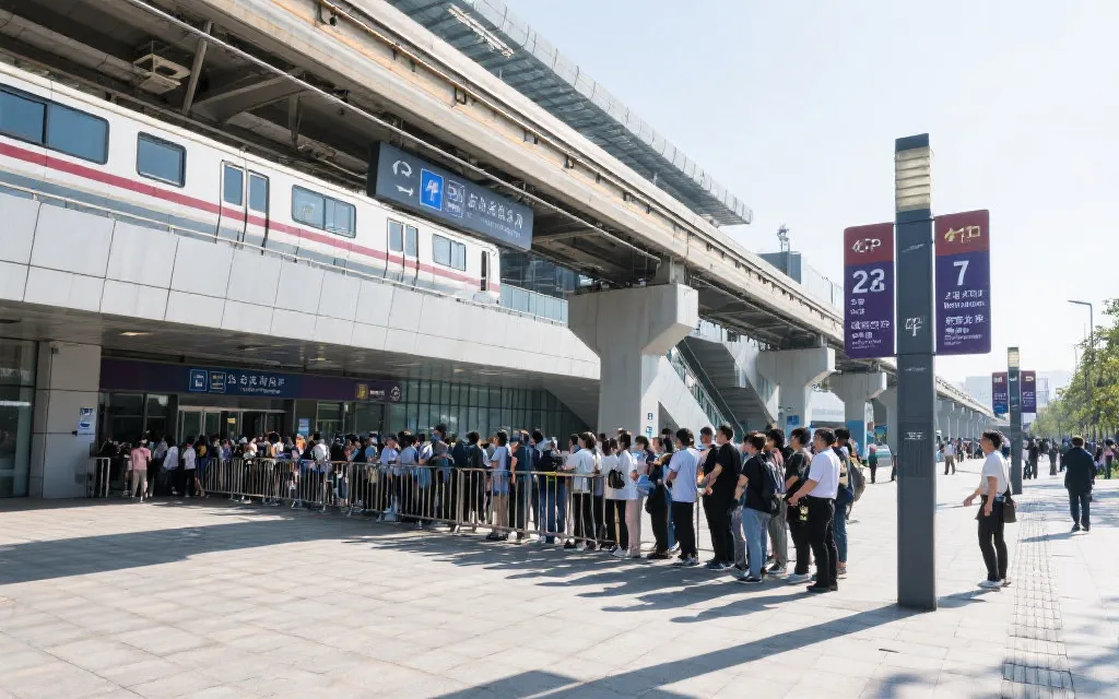 比赛日公共交通枢纽与步行街区,人流有序、导视清晰的城市运营场景