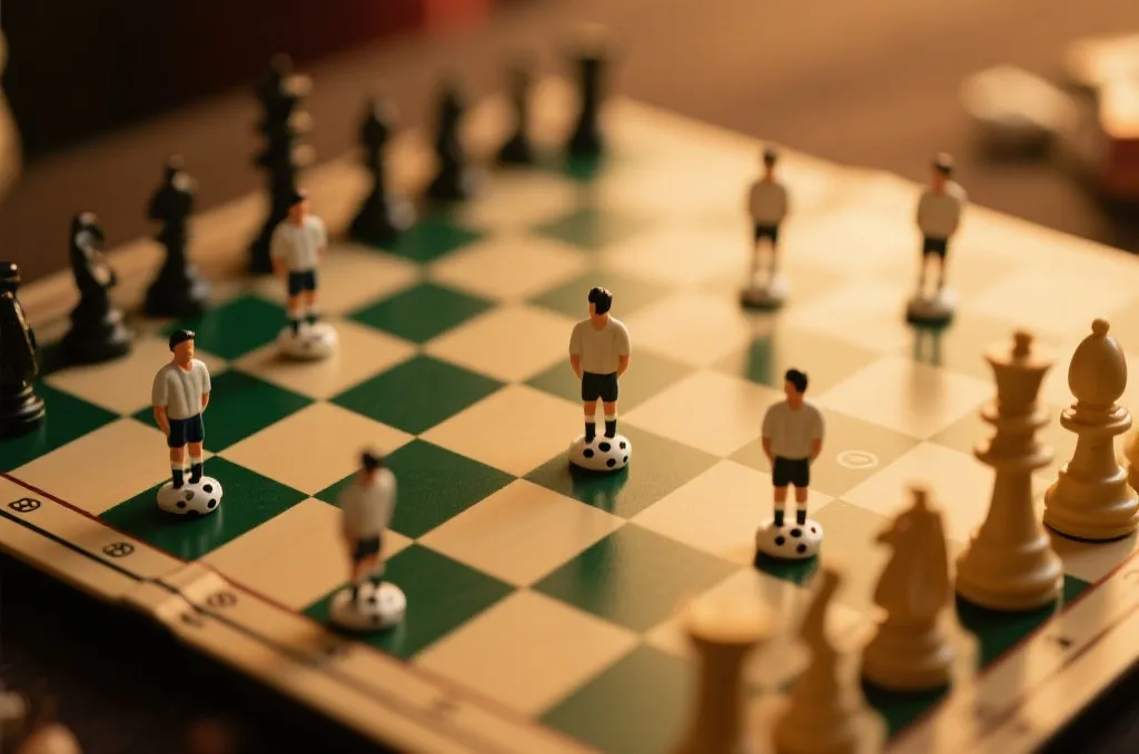 绿茵场上的战术板与棋子分析,象征策略博弈